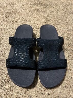 FitFlop womens marli slide sandals 8.5 navy blue rhinestones slip on shoes